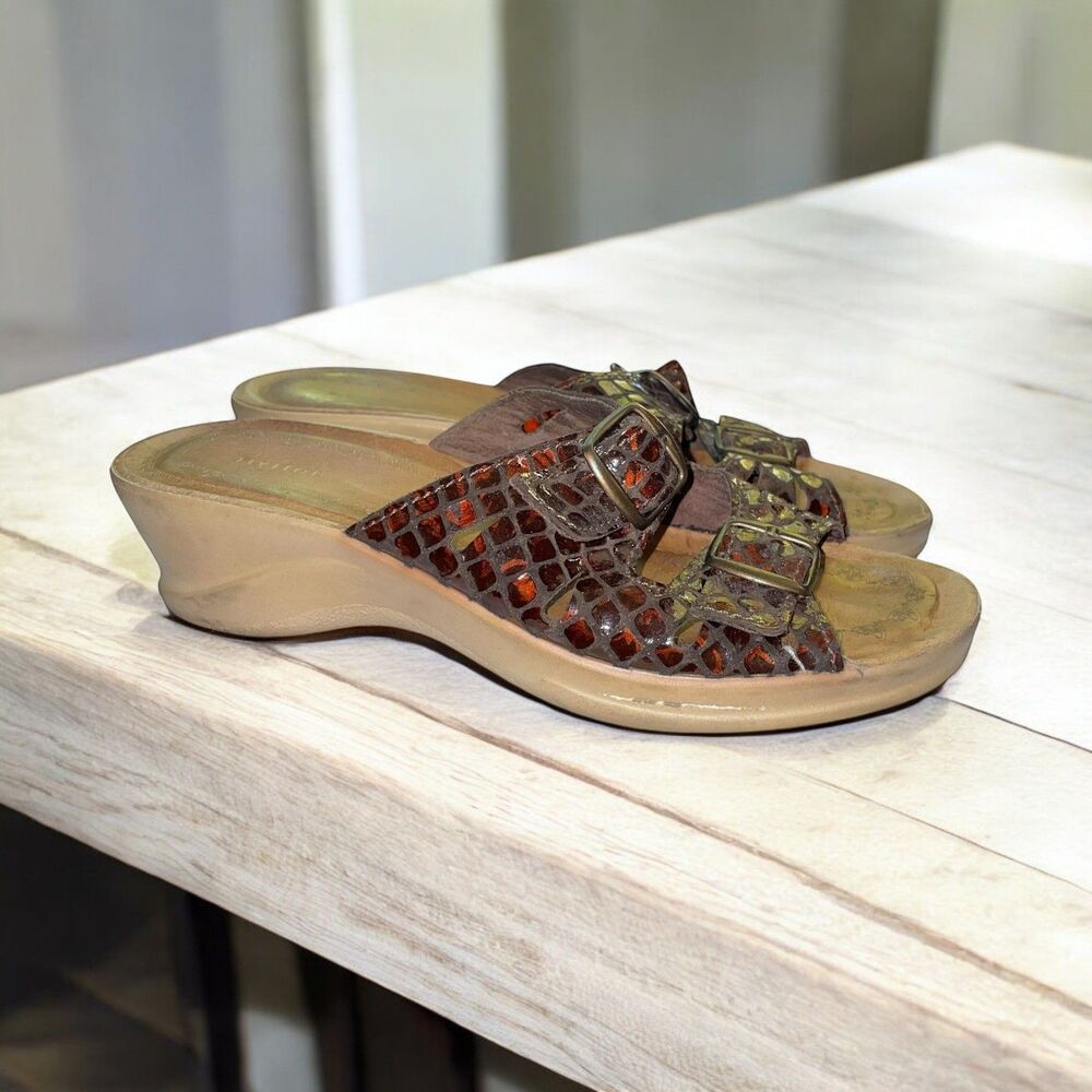 Fly Flot Comfort Sandals 38/7.5 Slip-On Faux Snake Skin Wedge Sandals